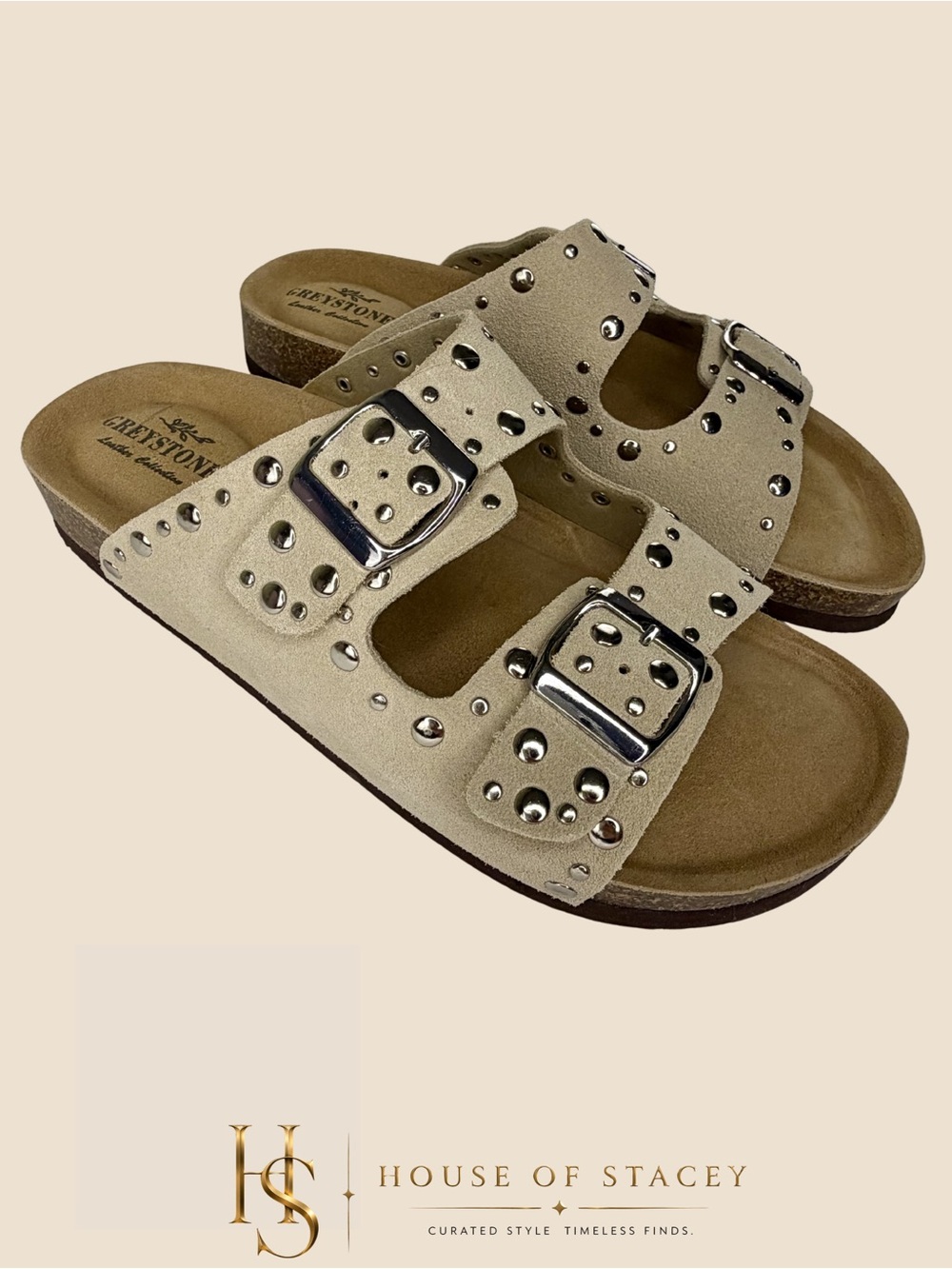 Greystone Genuine Suede Studded Double Buckle Slide Sandals - Picture 4 of 11